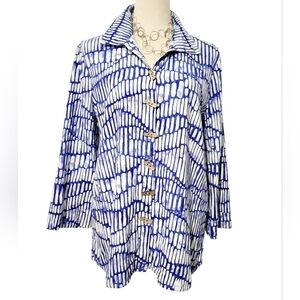 Ali Miles Woman's Blue White Linen Blend Tunic Top Size Medium Button Front